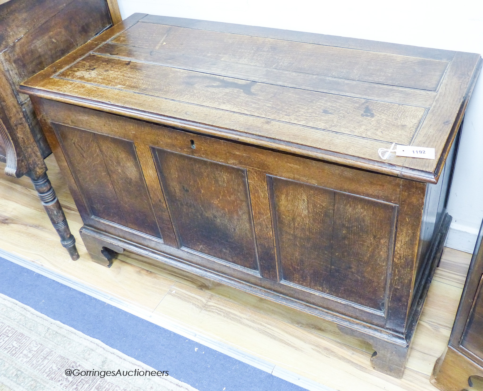 A late 18th century oak coffer, length 106cm, depth 51cm, height 58cm